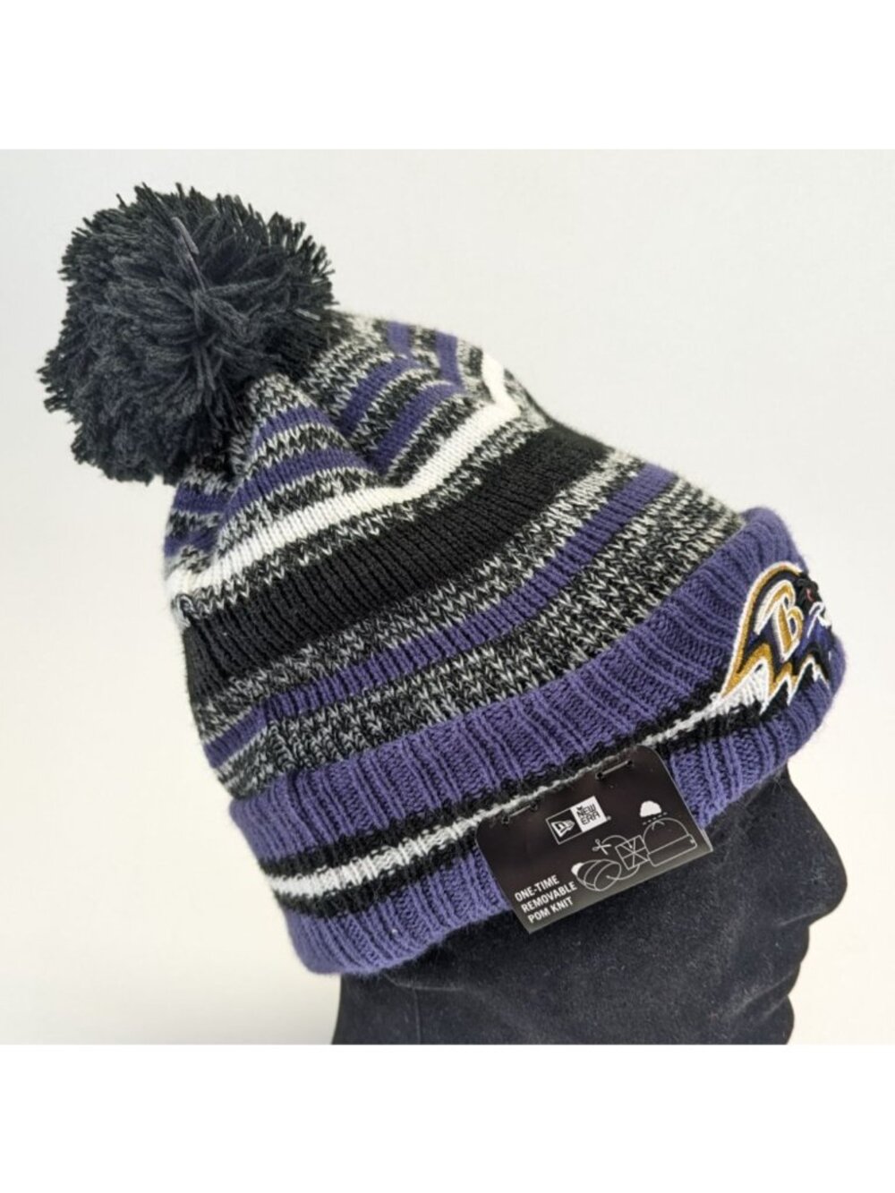 Baltimore Ravens Striped Sideline Winter Beanie W/ Pom Knit Hat By New Era - Picture 2 of 9